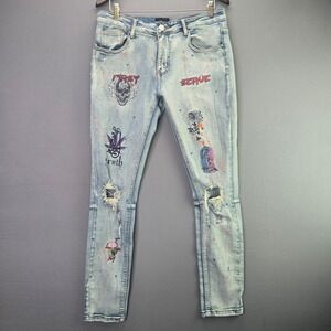 Cooper 9 Skinny Jeans Graphic Print Distressed 33 Light Wash Paint Splatter Mens